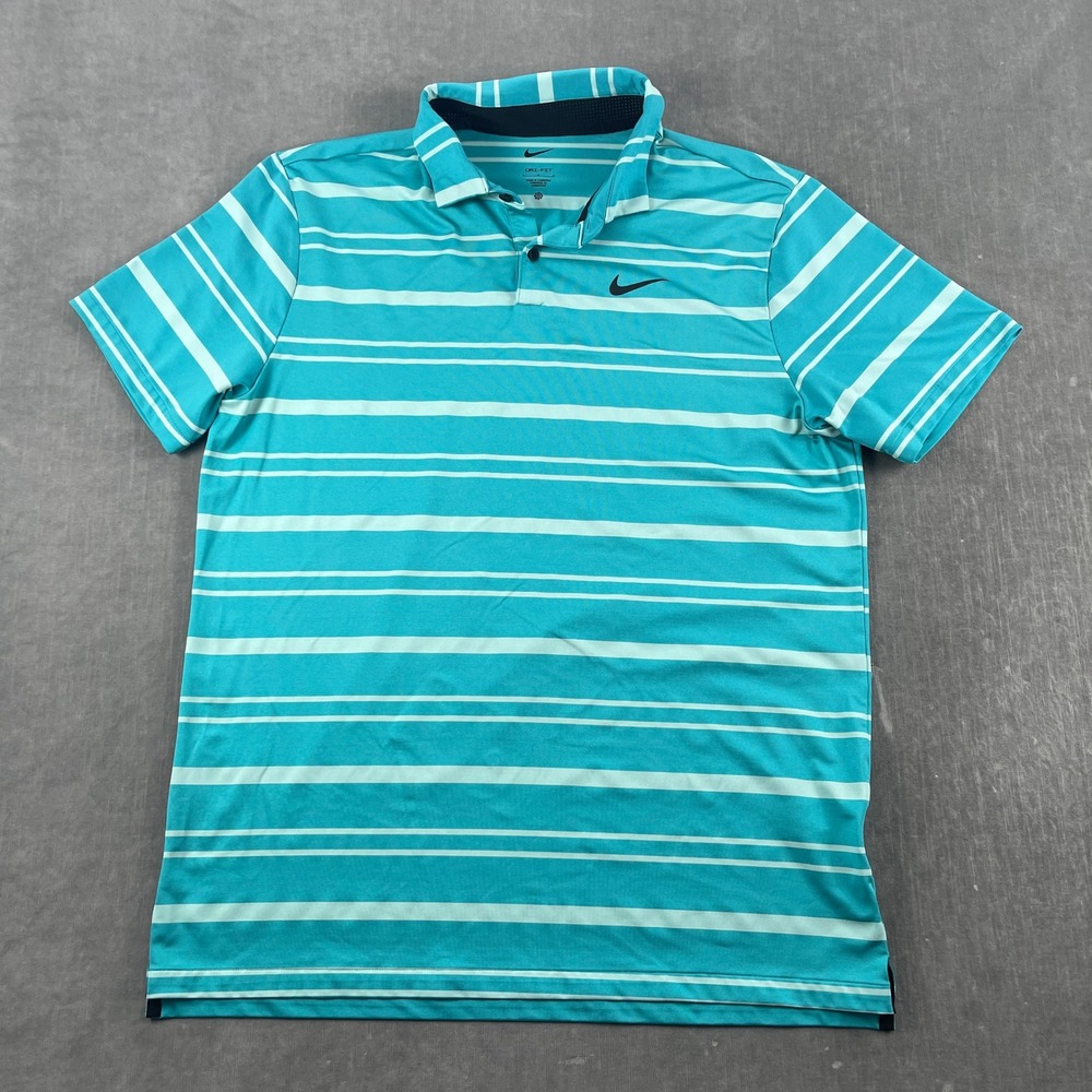 Nike Mens L Turquoise Striped Dri-FIT Short Sleeve Golf Polo Shirt